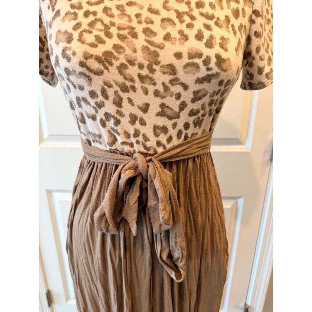 Leopard Print Midi Dress Boho Tie Waist Pleated Skirt Fall S - Picture 3 of 13